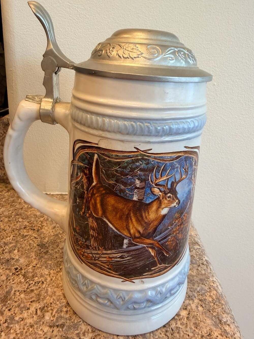 James Meger White Tail Deer II Stein Gerz Germany Pewter Lid